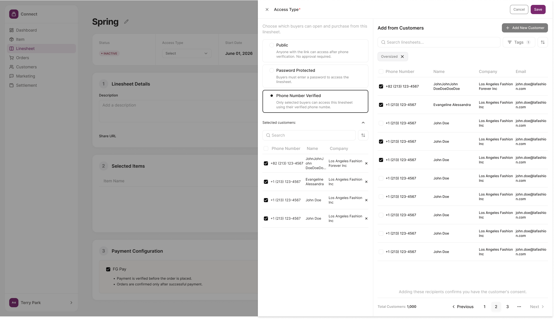 Access Type modal — linesheet creation flow