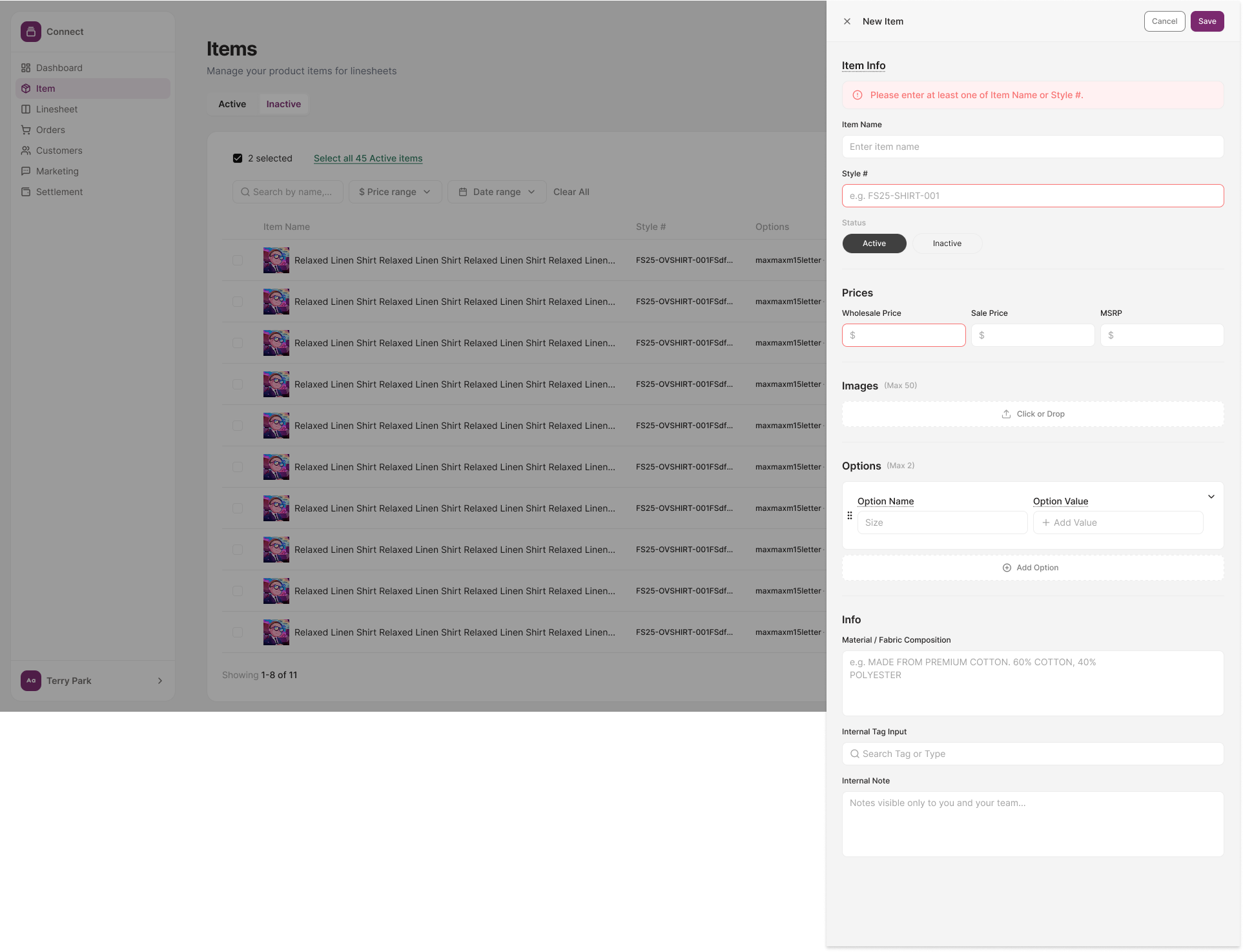 New item form slide-in panel