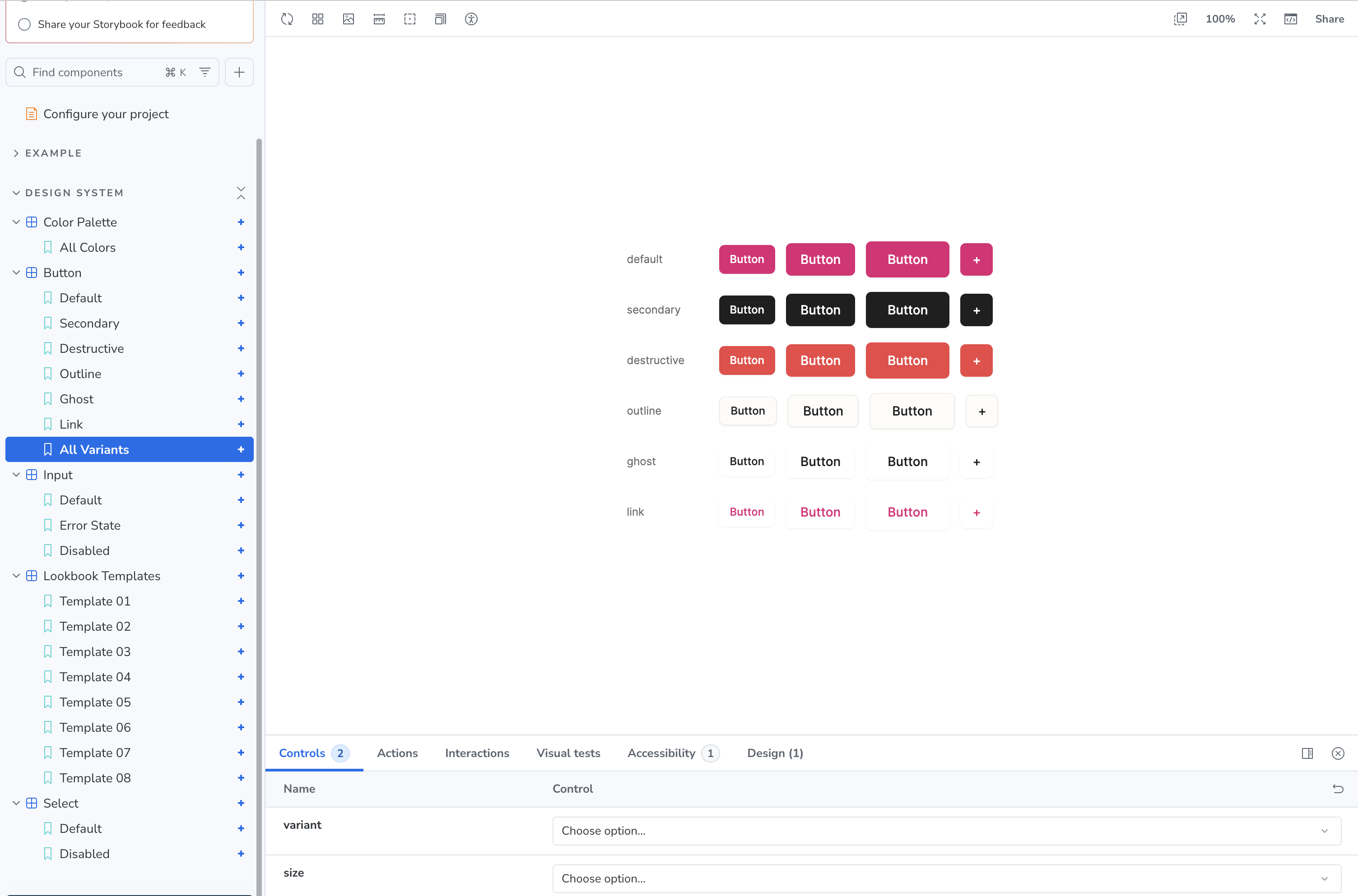 Storybook showing Button All Variants — 6 variants × 3 sizes with Controls panel